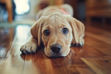 cute labrador dog puppy lies on a wooden floor of an appartement looking in the camera