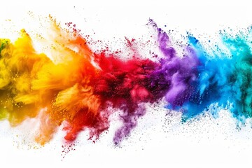 colorful rainbow holi paint color powder explosion on white. wide panorama background.