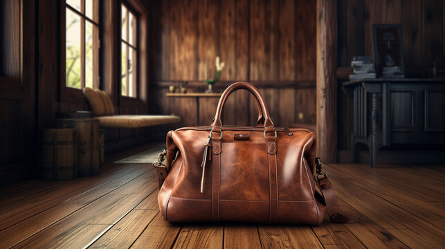 A 4K HDR image of a stylish leather travel bag with a vintage design, sitting on a rustic wooden floor.