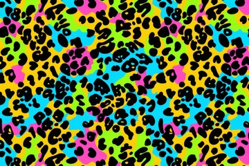 Colorful leopard print pattern on textured background. A striking leopard print pattern, which occupies the entire frame, featuring a blend of vivid colors on a rough, textured surface