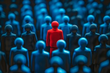 Red figure in thinker pose, stands out among blue figures, strategic leadership highlighted