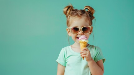 cute little girl with sunglasses eating a cone of ice cream on a studio background - obrazy, fototapety, plakaty