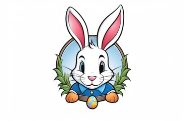Obraz premium A cartoon bunny in a blue shirt holding a decorative Easter egg, framed by greenery