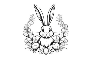 A black and white illustration of a smiling bunny framed by a floral motif