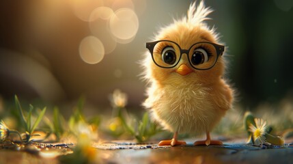 Fototapeta premium Cute chick character, large glasses, fluffy texture, playful stance, gentle lighting
