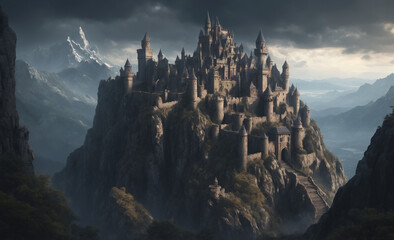 art illustration of fantasy fiction ancient castle on mountain peak, dark, ultra detailed - obrazy, fototapety, plakaty