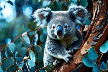 Obraz premium Lone koala hanging on the branches of a tree