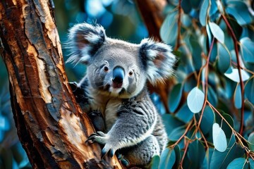 Fototapeta premium Lone koala hanging on the branches of a tree