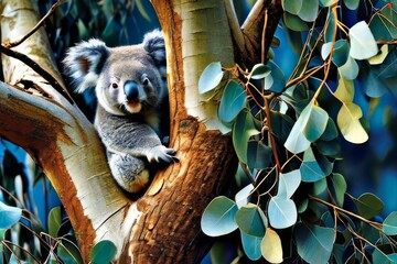Lone koala hanging on the branches of a tree - obrazy, fototapety, plakaty