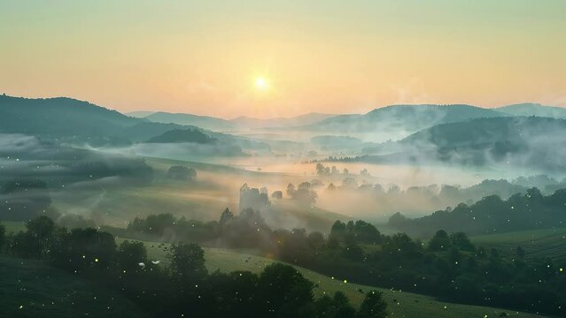 nature background with beautiful morning vibes with sunrise in countryside with hills . seamless looping overlay 4k virtual video animation background
