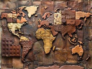 A world map made entirely of different types of chocolate each country represented by a unique chocolate flavor or texture