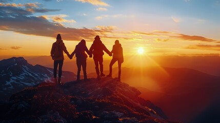 group of people on the top of the mountain - obrazy, fototapety, plakaty