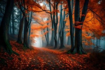 A serene blue mist envelops an enchanting forest path, where orange and red leaves adorn the mystical trees in October.