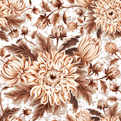 Seamless pattern monochrome from chrysanthemum flowers with leaves in vintage style. Hand drawn watercolor illustration brown color. Garden flowers. Template for wallpaper, scrapbooking, wrapping