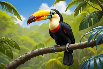 Foto op Plexiglas A colorful toucan perched on a mossy branch in a lush jungle tropical forest. generative ai © Faheem