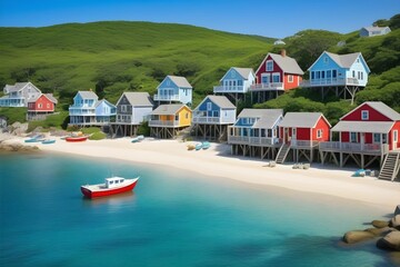 Vibrant beach houses on a serene shore ocean view, with a red boat and lush green hill, peaceful coastal living. Perfect for tropical vacation. generative ai