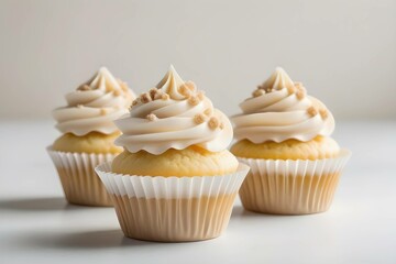 vanilla cupcakes with creamy frosting, with crumbs, on a white backdrop, ideal for party, food blogs and menus. generative ai