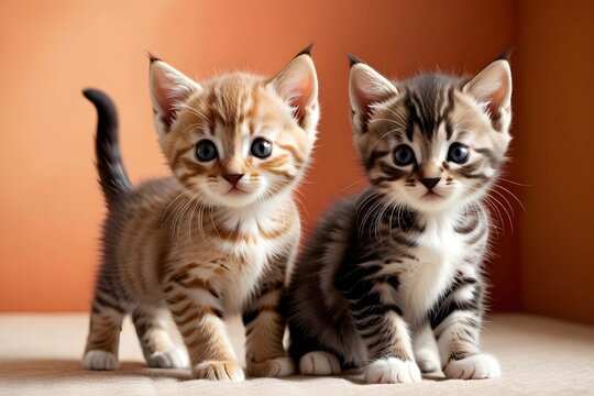 Two Kittens on Wooden Floor, Looking Up. orange backdrop. inocent kittens. generative ai