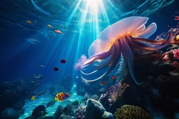 Fototapeta premium Breathtaking underwater scene., jelly fish