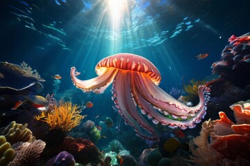 Fototapeta na wymiar Breathtaking underwater scene., jelly fish