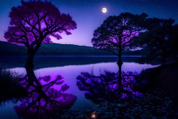 Fototapeta na wymiar The clear waters of the lake mirror the enchanting beauty of a solitary purple tree under a starry, moonlit night.