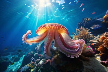 Breathtaking underwater scene., jelly fish - obrazy, fototapety, plakaty