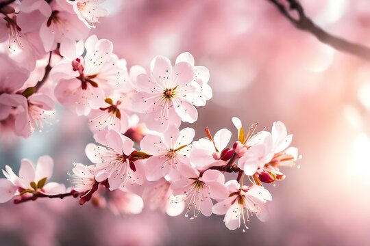 Captivating pink cherry blossoms in exquisite detail, set against a softly blurred backdrop, creating a mesmerizing composition.