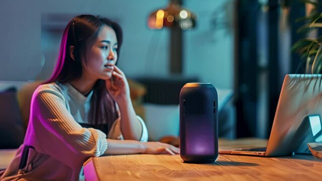 Asian young woman listening to a podcast on a smart speaker while resting her head on her hand in her house