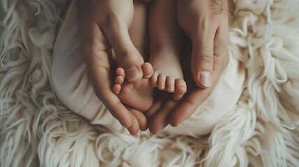 Welcome baby, Mother holding her newborn baby foot, love at first sight, baby feels love and security from mother, - obrazy, fototapety, plakaty