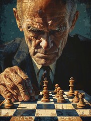 A business mogul uses a chessboard to strategize mergers, moving pieces that represent companies in a game of corporate power , super detailed - obrazy, fototapety, plakaty