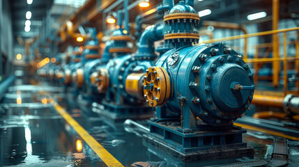 Industrial equipment in a power plant with pipes and valves. Power plant. Industrial background - obrazy, fototapety, plakaty