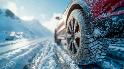 Car on winter road covered with snow at sunset. Close-up - obrazy, fototapety, plakaty