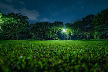 Nighttime Grass Field With Distant Street Light
