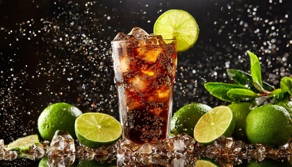 Zesty Upgrade: Fresh Lime Accents the Crispness of the Cola Drink - obrazy, fototapety, plakaty