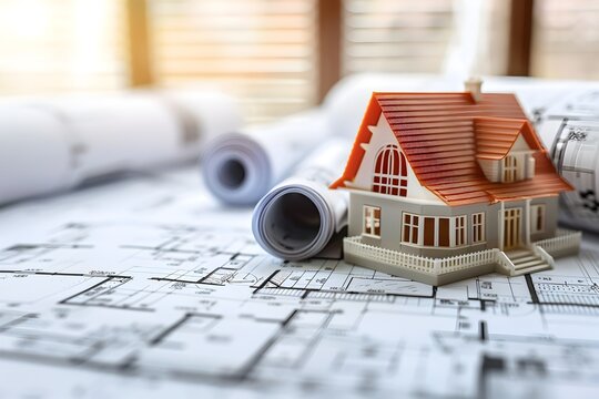 Architectural Blueprints and House Model on Construction Plan Background Representing Real Estate Concept