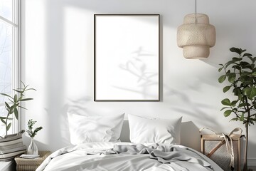 Blank White Poster Frame on Wall in Cozy Bedroom Interior with Elegant Furniture and Decor