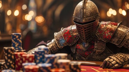 Knights in armor joust with poker chips, their clanking armaments a unique soundtrack to the highstakes table , no contrast - obrazy, fototapety, plakaty
