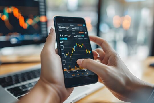 Businessman Investor Analyzes Financial Market Data on Mobile Device with Detailed Graph and Chart Visualizations