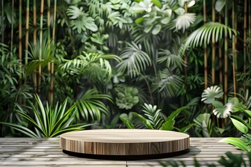 Elevated Wooden Podium Nestled in Lush Tropical Greenery for Captivating Product Displays and Beauty Showcases