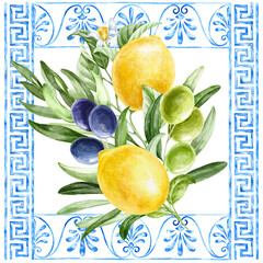 Lemon with olives Greek Mediterranean patter, vintage ornament