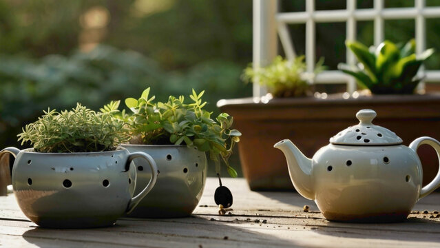 tea pot tiny green plants background with little tint plants stuck inside the tea pot with little water drops on the plants with sunrise placed on the balcony for  decoration 