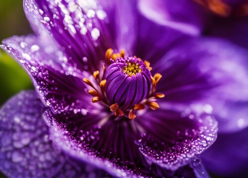 A close-up image of a violet flower with dewdrops.
