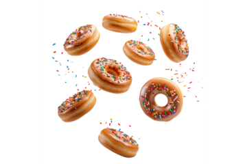 Colourful decorated donuts falling in motion isolated on white background with sprinkling. Sweet, confectionery and various doughnuts flying over white. Panorama banner, clipping path