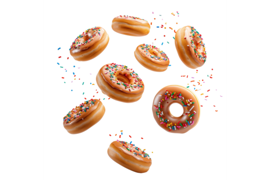 Colourful decorated donuts falling in motion isolated on white background with sprinkling. Sweet, confectionery and various doughnuts flying over white. Panorama banner, clipping path