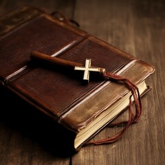 Close up of a holy bible and christian cross on wooden table. Happy good friday or religion concept