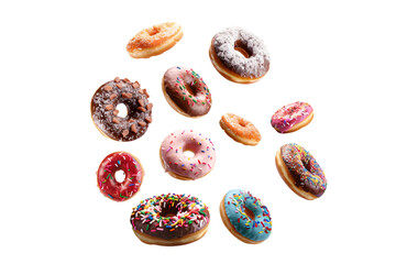 Colourful decorated donuts falling in motion isolated on white background with sprinkling. Sweet, confectionery and various doughnuts flying over white. Panorama banner, clipping path