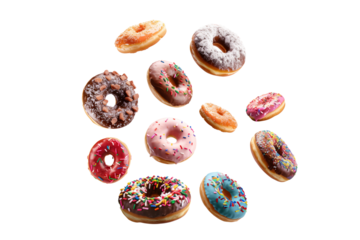 Colourful decorated donuts falling in motion isolated on white background with sprinkling. Sweet, confectionery and various doughnuts flying over white. Panorama banner, clipping path