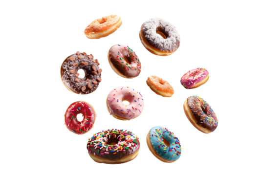 Colourful decorated donuts falling in motion isolated on white background with sprinkling. Sweet, confectionery and various doughnuts flying over white. Panorama banner, clipping path