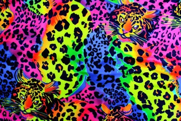 Obraz premium Colorful leopard print pattern on textured background. A striking leopard print pattern, which occupies the entire frame, featuring a blend of vivid colors on a rough, textured surface