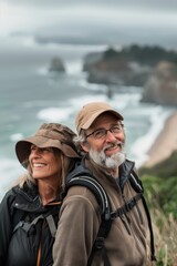 Fototapeta premium Elderly senior smiling active couple with backpacks enjoying hiking and walking along coastline near mountains and sea or ocean, active retirement lifestyle filled with outdoor adventures.